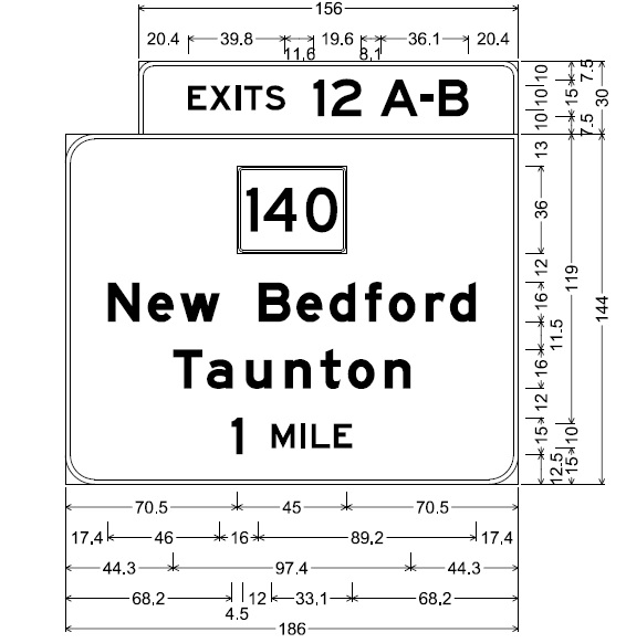 Image of plan for northbound 1-mile advance sign for MA 140 exits on MA 24 in Taunton, by MassDOT