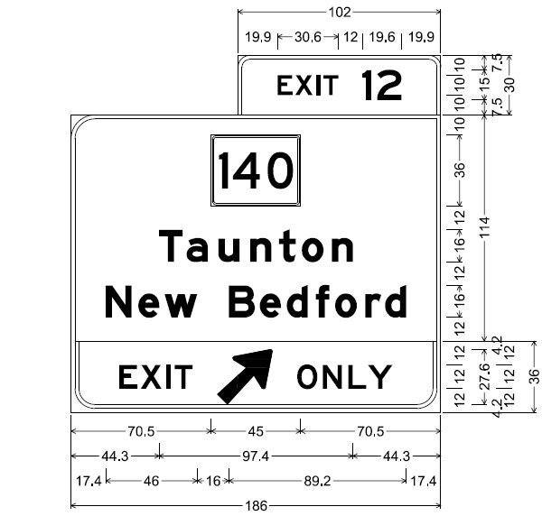 Image of plan for southbound off-ramp sign for MA 140 exit on MA 24 in Taunton, by MassDOT