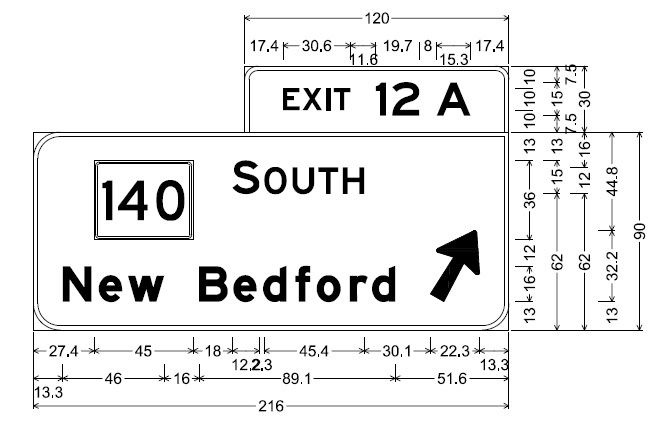 Image of plan for off-ramp sign for MA 140 South exit on MA 24 North in Taunton, by MassDOT