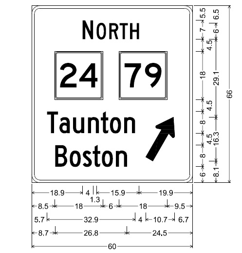 Plan of MA 24/79 North guide sign to be placed at on-ramp in Freetown area, by MassDOT