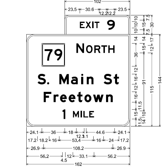 Image of plan for 1-mile advance sign for MA 79 North exit on MA 24, by MassDOT