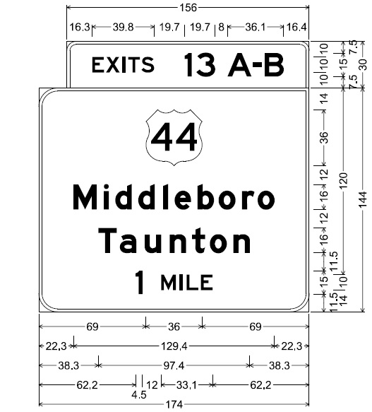 Image of plan for 1-mile advance sign for US 44 exit on MA 24 in Taunton, by MassDOT