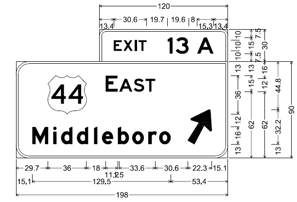 Image of plan for off-ramp sign for US 44 East exit on MA 24 in Taunton, by MassDOT