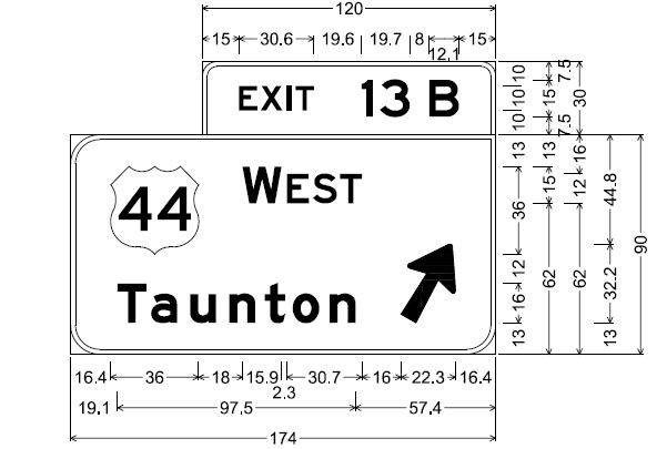 Image of plan for off-ramp sign for US 44 West on MA 24 in Taunton, by MassDOT