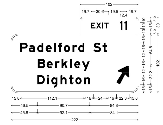 Image of plan for off-ramp sign for Pedelford St exit on MA 24 in Berkley