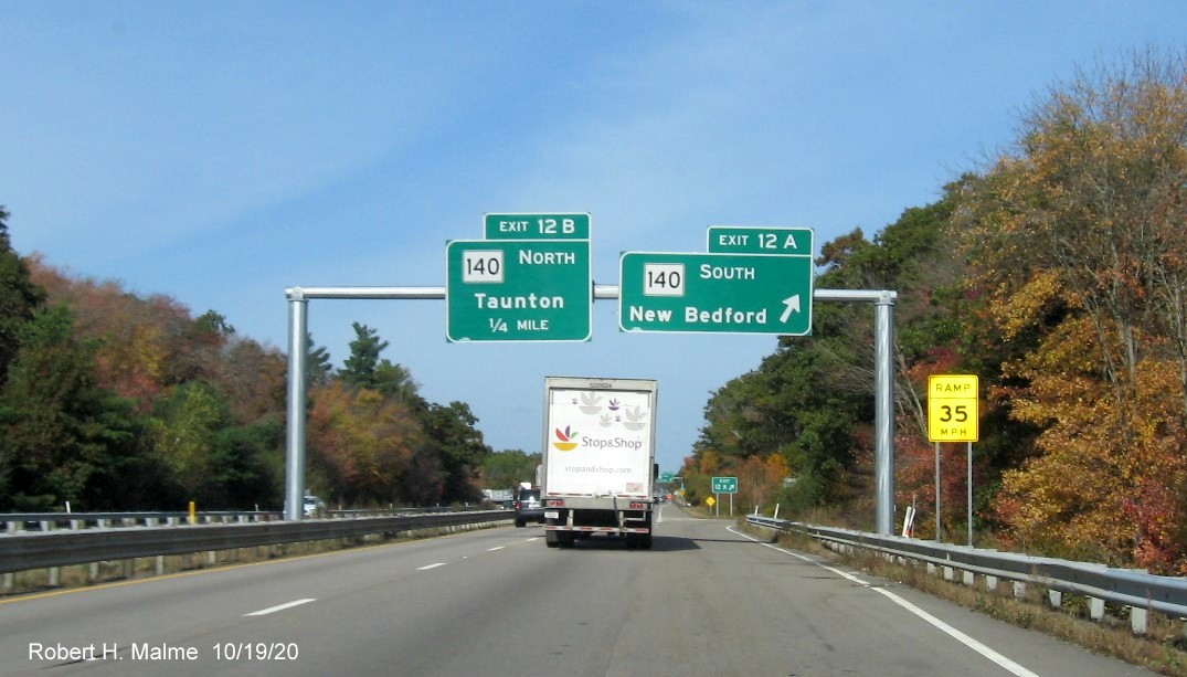 Image of newly placed overhead signs at ramp to MA 140 South on MA 24 North in Taunton, October 2020