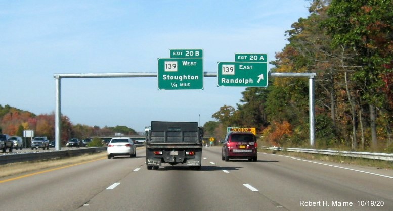 Image of newly placed overhead signs at ramp to MA 139 East on MA 24 North in Stoughton, October 2020