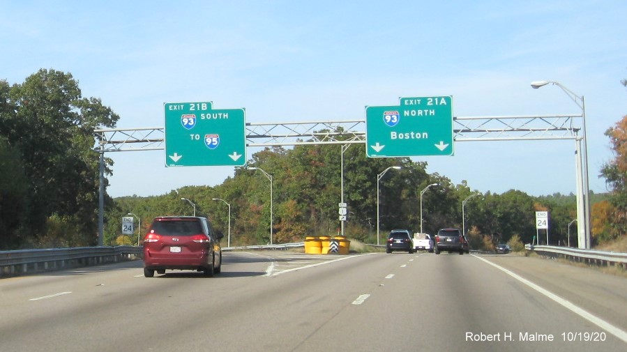 Image of two new MA 24 End signs on ramps to I-93 in Randolph, October 2020
