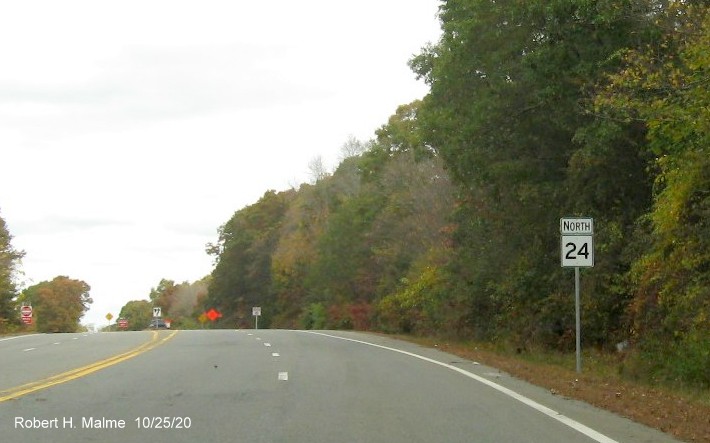 Image of North MA 24 reassurance marker on the ramp to North MA 24/79 from Highland Avenue in Fall River, October 2020