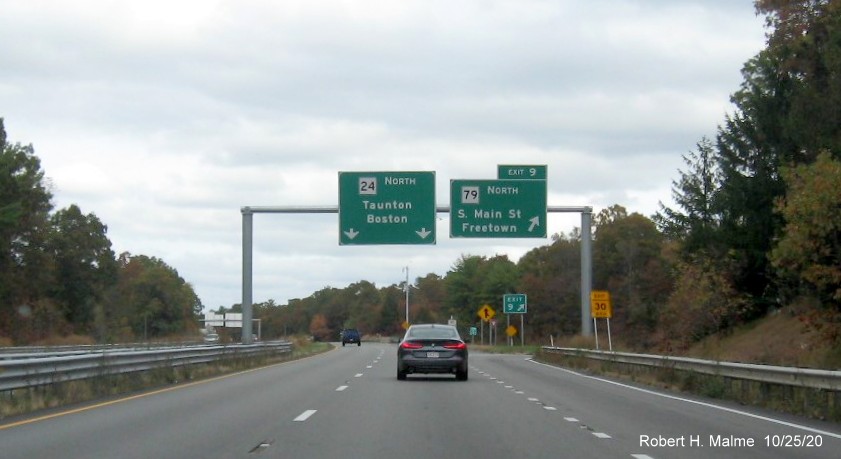 Image of recently placed overhead pull through and ramp signs at MA 79 North exit in Freetown, October 2020