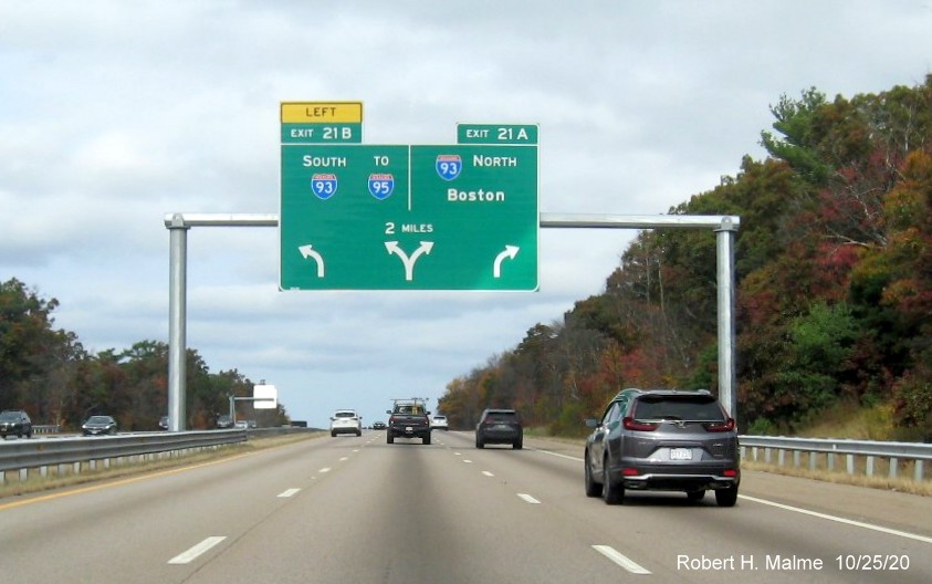 Image of newly placed 2-Miles advance arrow-per-lane overhead sign on MA 24 North in Randolph, October 2020