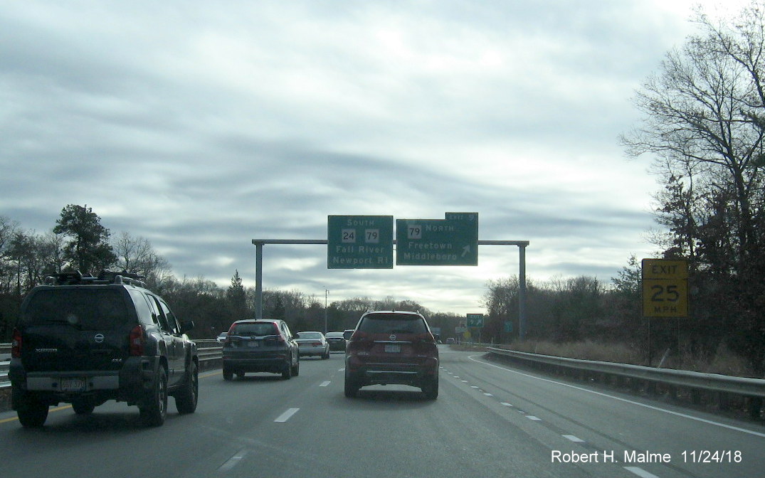 Image of overhead signage at MA 79 North exit on MA 24 South in Freetown in Nov. 2018