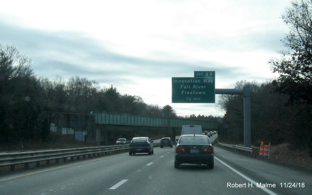 Image of 1/2 mile overhead advance sign for the Innovation Way exit on MA 24 South in Freetown