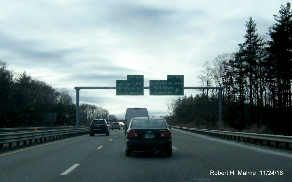 Image of overhead signs for No. Main St/Airport Rd and Innovation Way on MA 24 South in Freetown in Nov. 2018