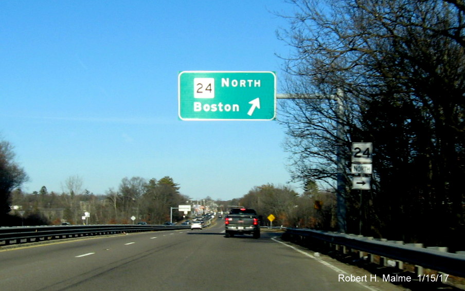 Image of MA 24 overhead guide sign on MA 123 East in Brockton