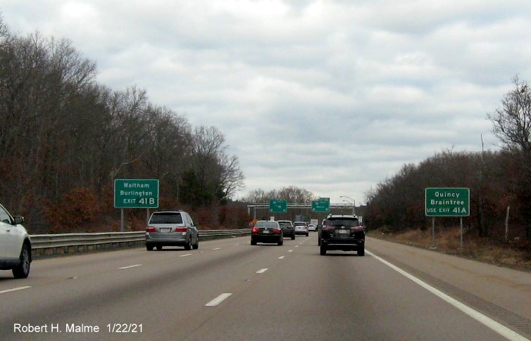 Image of MA 3 auxiliary signs for I-93 exits with new milepost based exit number on MA 24 North in Randolph, January 2021