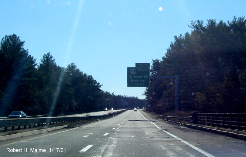 Image of 1/2 Mile advance overhead sign for MA 79 North exit with new milepost based exit number on MA 24 South in Freetown, January 2021