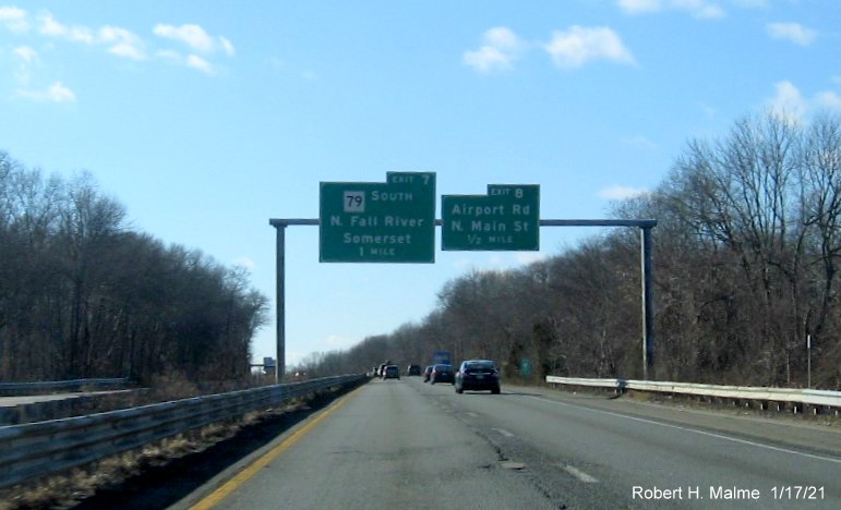 Image of gantry with 1/2 mile advance sign for Airport Road/North Main Street exit with new milepost based exit number on MA 24 South in Fall River, January 2021