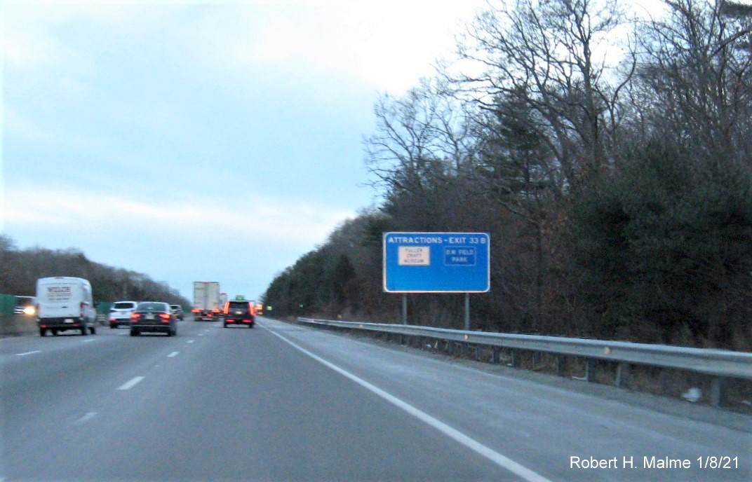 Image of auxiliary sign for MA 27 exits with new milepost based exit numbers 
                                       on MA 24 South in Brocktom, January 2021
