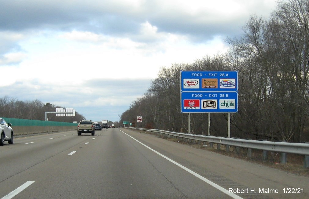 Image of blue Food Services sign for MA 106 exits with new milepost based exit numbers on MA 24 North in West Bridgewater, January 2021