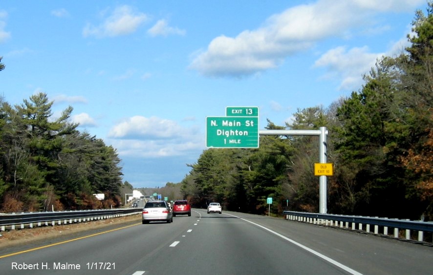Image of 1-Mile advance sign for North Main Street exit with new milepost based exit number and yellow Old Exit 10 sign on support post on MA 24 North in Berkley, January 2021