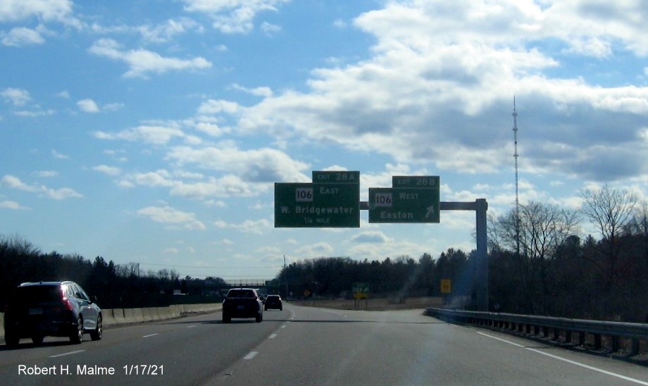 Image of overhead signage at ramp for MA 106 West exit with new milepost based exit numbers on MA 24 South in West Bridgewater, January 2021