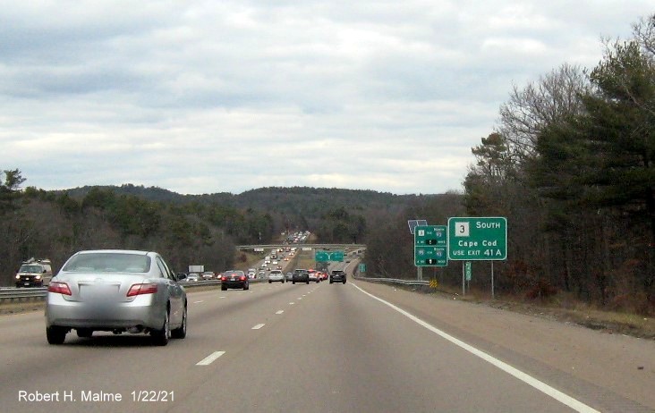 Image of MA 3 auxiliary sign for I-93 North exit with new milepost based exit number on MA 24 North in Randolph, January 2021