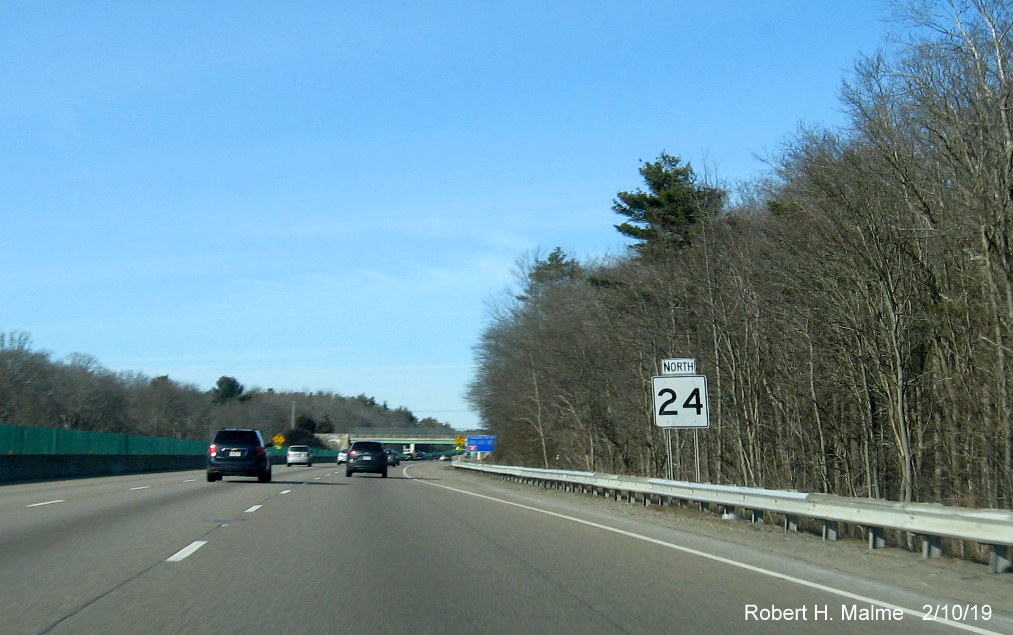 Image of to be replaced MA 24 North reassurance marker after MA 106 West exit in West Bridgewater