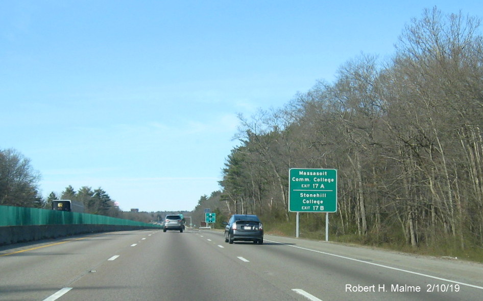 Image of recently installed new auxiliary sign for MA 123 exits on MA 24 North in Brockton