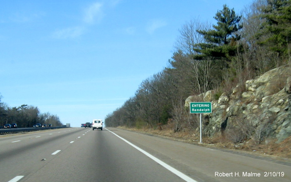 Image of newly installed town boundary sign for Randolph on MA 24 North