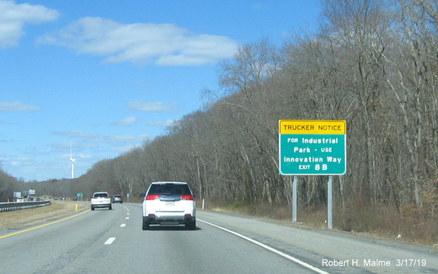 Image of recently installed auxiliary sign for Innovation Way exit on MA 24 North in Fall River