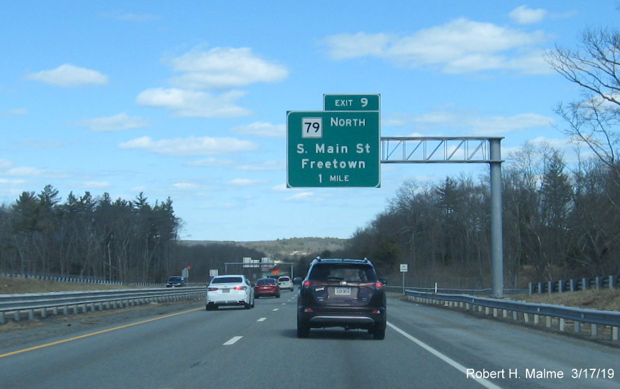 Image of newer sign installed for MA 79 North exit, not part of sign replacement project, on MA 24 North in Freetown