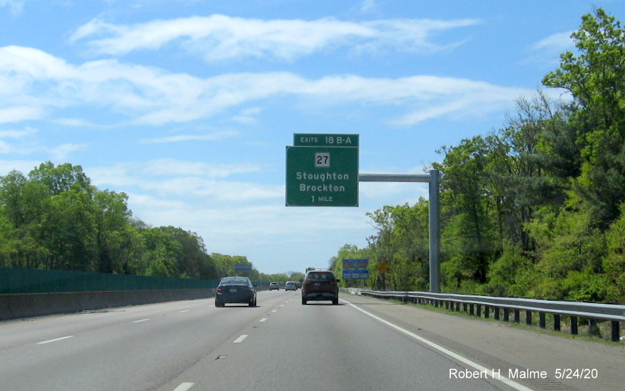 Image of newly placed 1-mile advance overhead sign for MA 27 exit on MA 24 South in Brockton