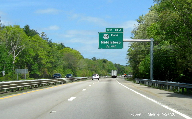 Recently placed 1/2 mile advance overhead sign for US 44 East exit on MA 24 North in Taunton