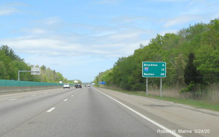 Image of post-interchange distance sign with I-93 shield after MA 106 exit on MA 24 North in West Bridgewater