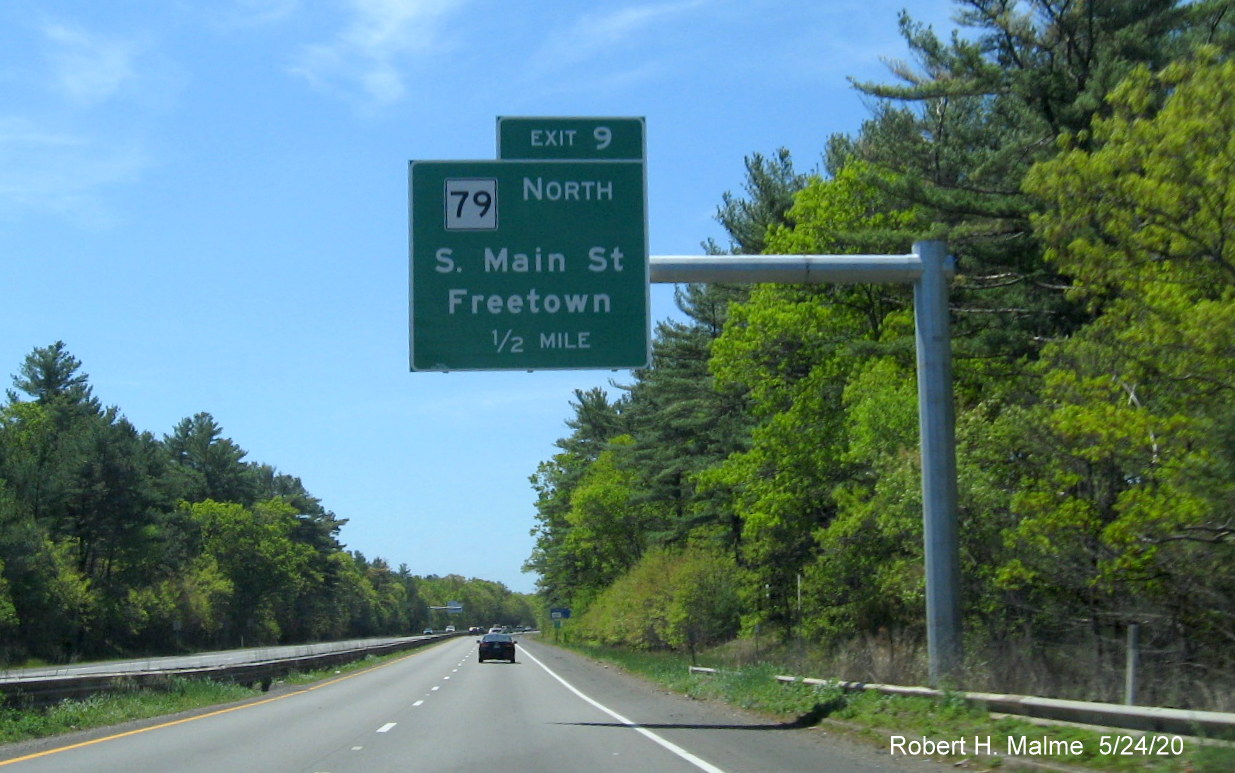 Image of recently placed 1/2 mile advance sign for MA 79 North exit on MA 24 South in Freetown