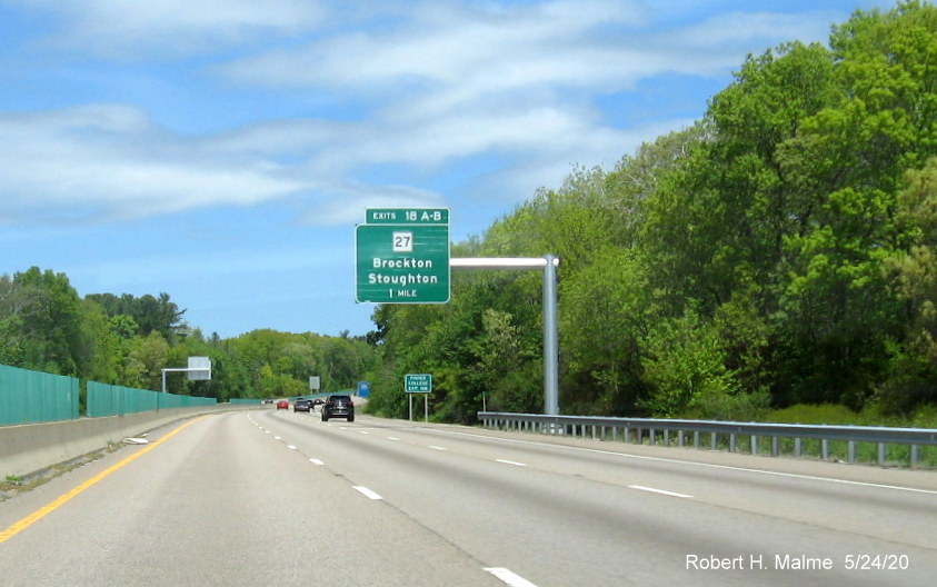Image of recently placed 1-mile advance overhead sign for MA 27 exit on MA 24 North in Brockton