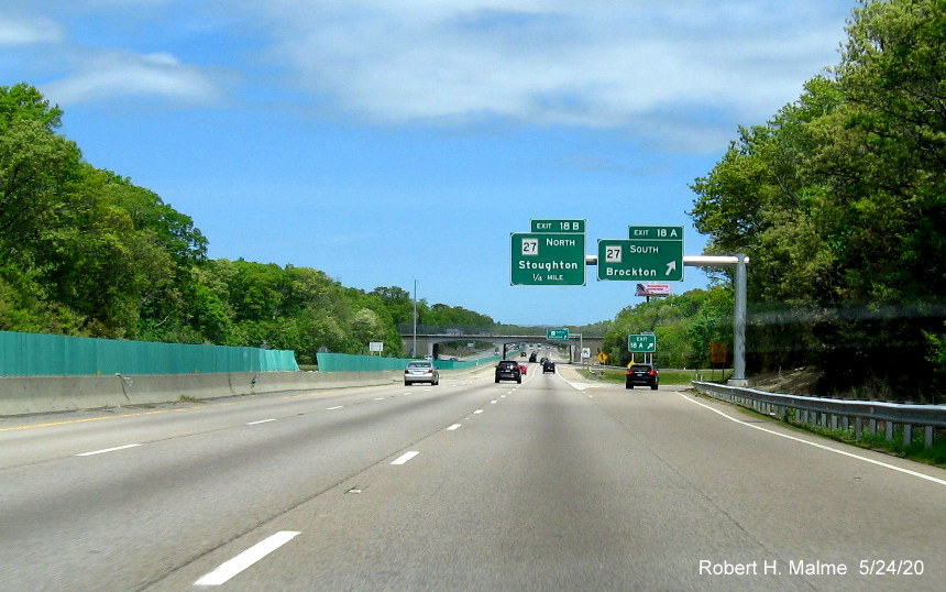 Image of overhead ramp signage for MA 27 exit at ramp to MA 27 North on MA 24 North in Brockton