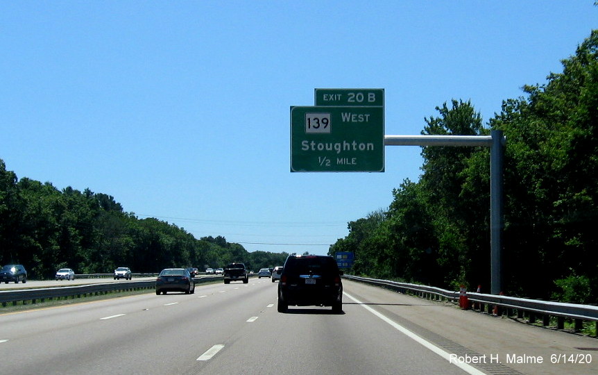 Newly placed 1/2 mile advance overhead sign for MA 139 West exit on MA 24 South in Stoughton, taken in June 2020