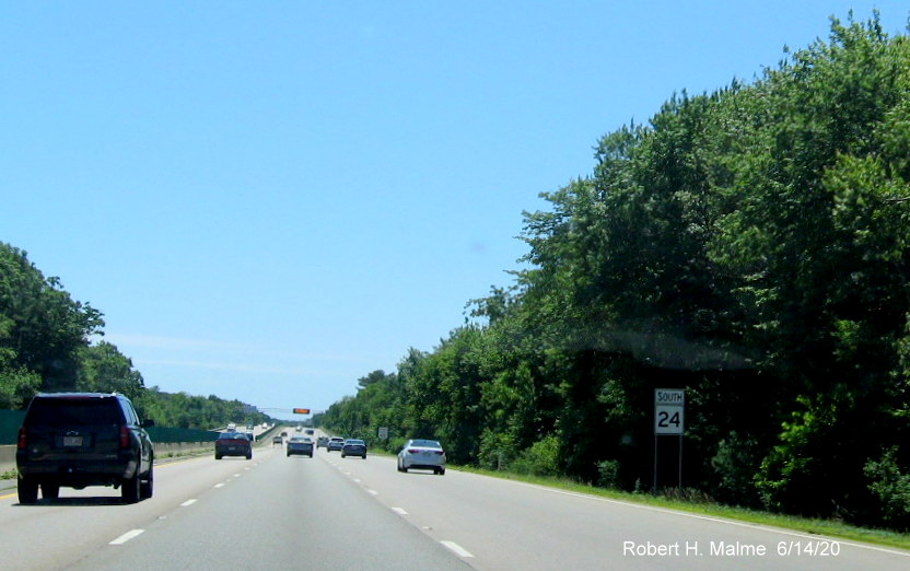 Image of recently placed South MA 24 reassurance marker after MA 106 exit in West Bridgewater, taken June 2020