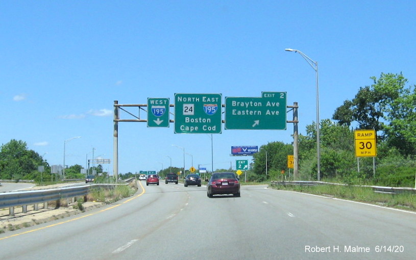 Image of overhead sign assembly on MA 24 North in Fall River to be replaced under a contract awarded in the summer of 2020