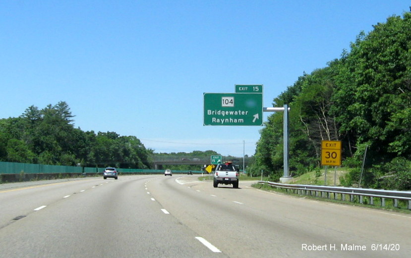 Image of newly placed overhead ramp sign on MA 24 North in Bridgewater, taken June 2020