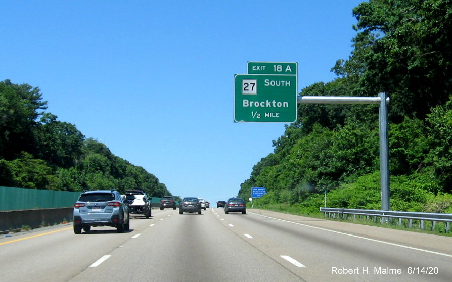 Image of newly placed 1/2 mile advance overhead sign for MA 27 South exit on MA 24 North in Brockton, taken June 2020