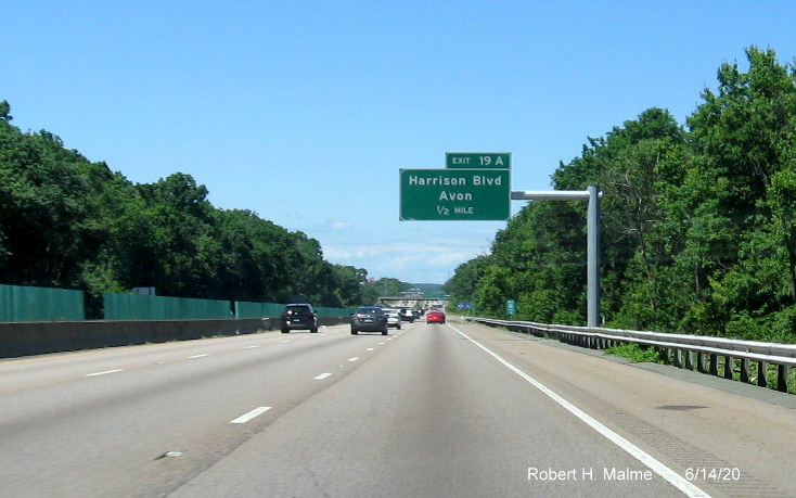 Image of newly placed 1/2 mile advance sign for Harrison Avenue exit on MA 24 North in Avon, taken June 2020
