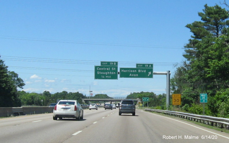 Image of newly placed overhead signs at exit ramp to Harrison Blvd. on MA 24 North in Avon, taken June 2020
