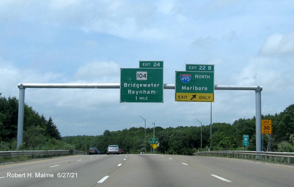 Image of newly placed 1 mile advance sign for MA 104 exit with new milepost based exit number on MA 24 North in Bridgewater, June 2021