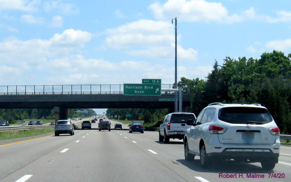 Image of newly placed overhead ramp sign for Harrison Blvd exit on MA 24 South in Avon, taken July 2020