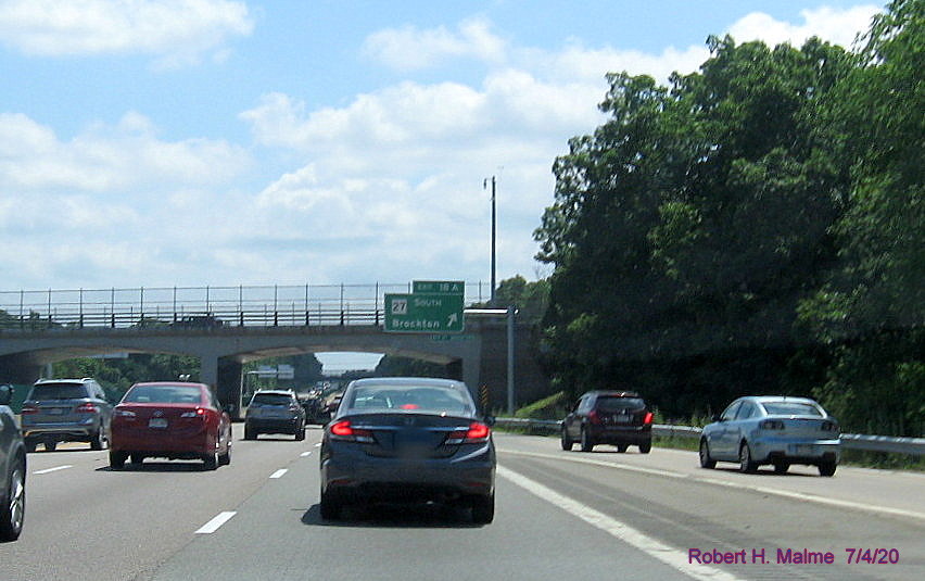 Image of newly placed overhead ramp sign for MA 27 South exit on MA 24 South in Brockton, taken July 2020