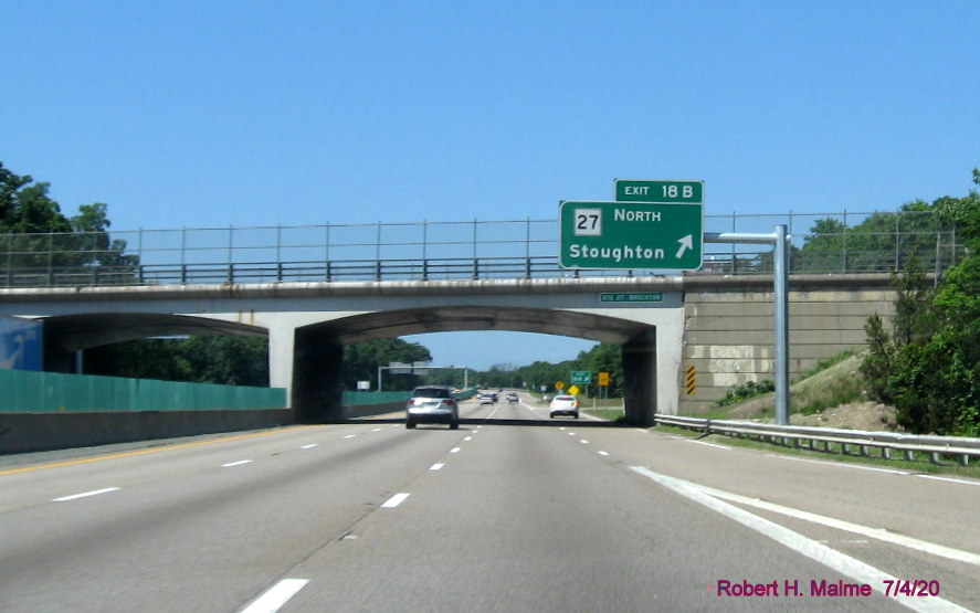 Image of newly placed overhead ramp sign for MA 27 North exit on MA 24 North in Brockton, taken July 2020