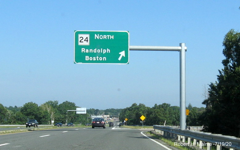 Image of overhead ramp guide sign for MA 24 North on MA 27 South in Brockton